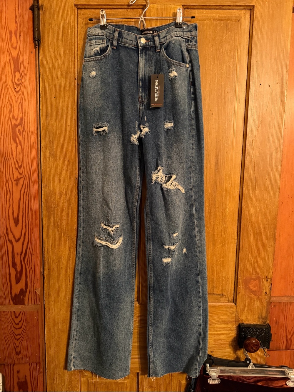 PrettyLittleThing Tall Mid Blue Distressed Baggy Wide Leg Jeans US 6 NWT
